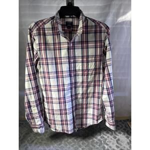 J Crew Flex Washed Shirt Men's S White Red Plaid Untucked Button Down